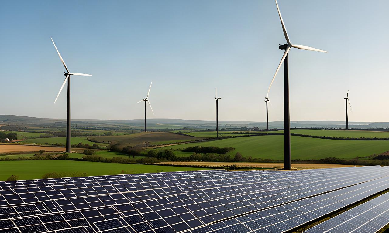 Rows of solar panels beside wind turbines under a clear sky in the United Kingdom