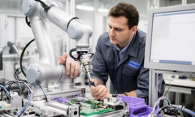 Factory operator checking a collaborative robot at an electronics assembly workstation