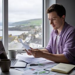 Editorial lead reviewing technology notes beside a window in Largs