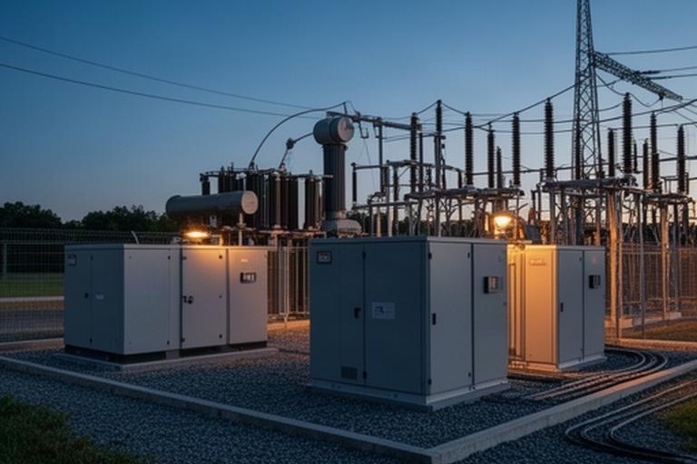 Grid-scale battery cabinets beside a substation during evening operations