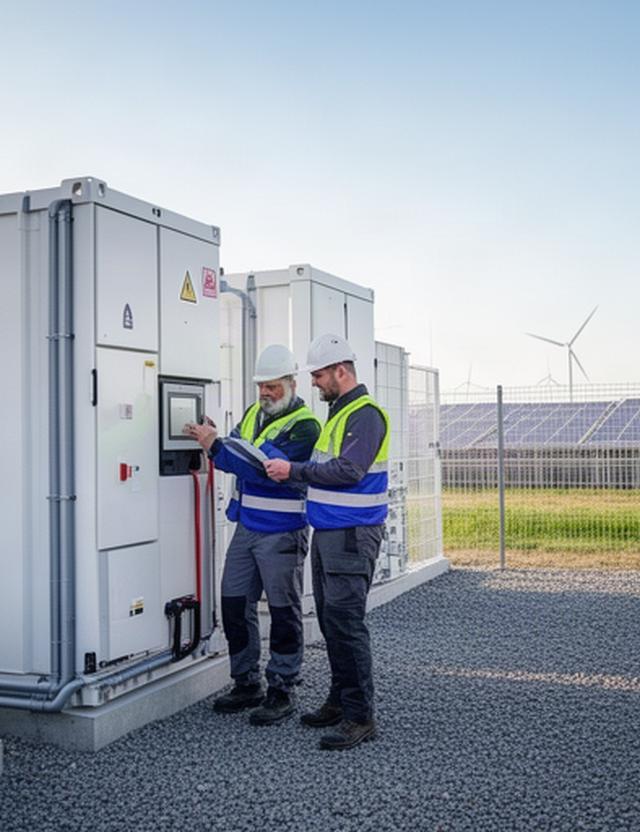 Engineers inspecting clean energy equipment beside a modern battery storage unit