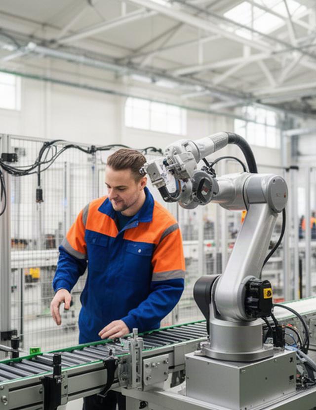 Robotic arm operating beside a technician on a bright UK manufacturing floor